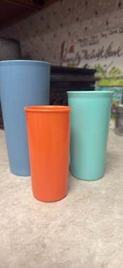 Set of 3 Vintage Tupperware Tumblers Matte Plastic Drinking Cups Juice Water Blu